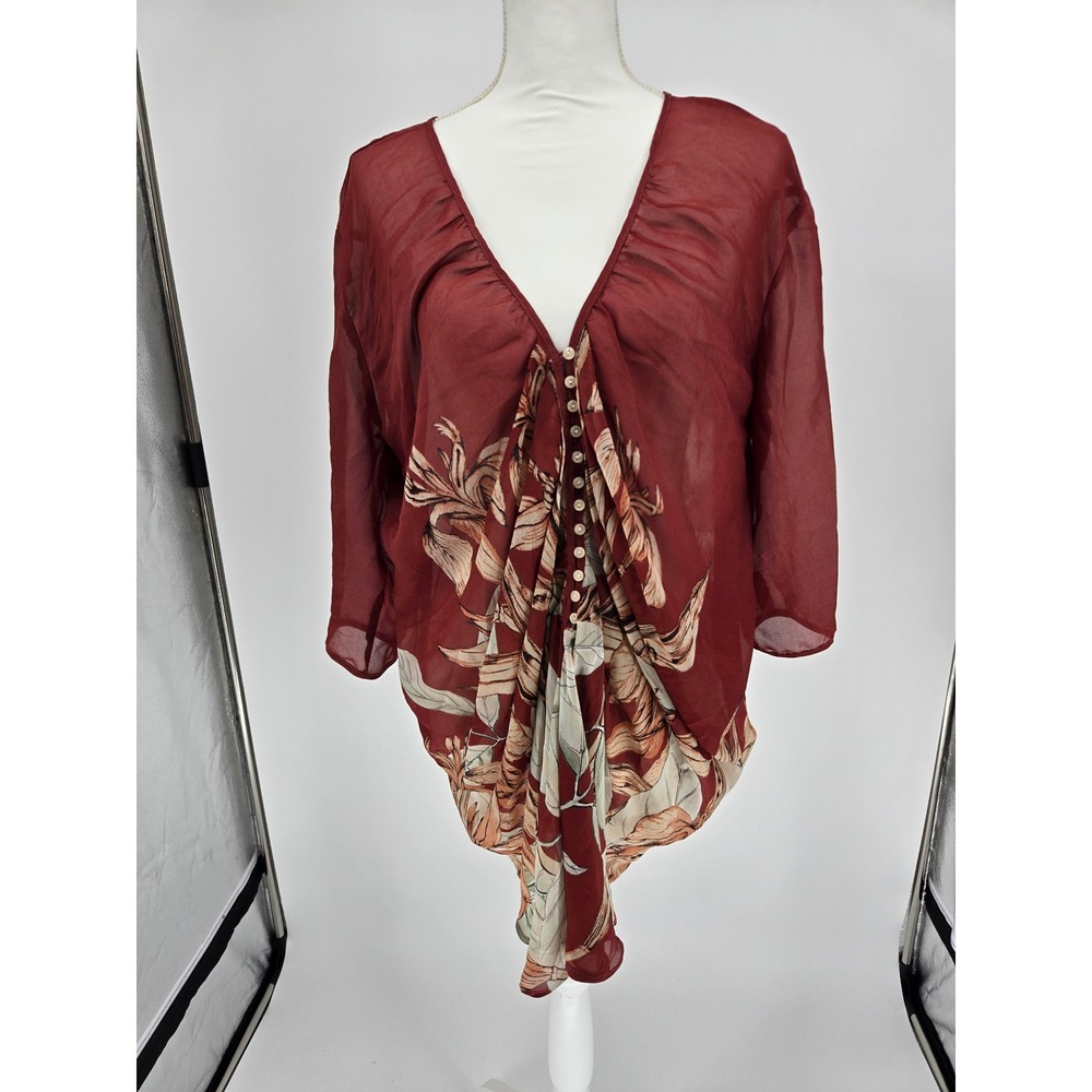 New York &‎ Company Collection Rust Red Floral Draped V-Neck Chiffon Blouse M